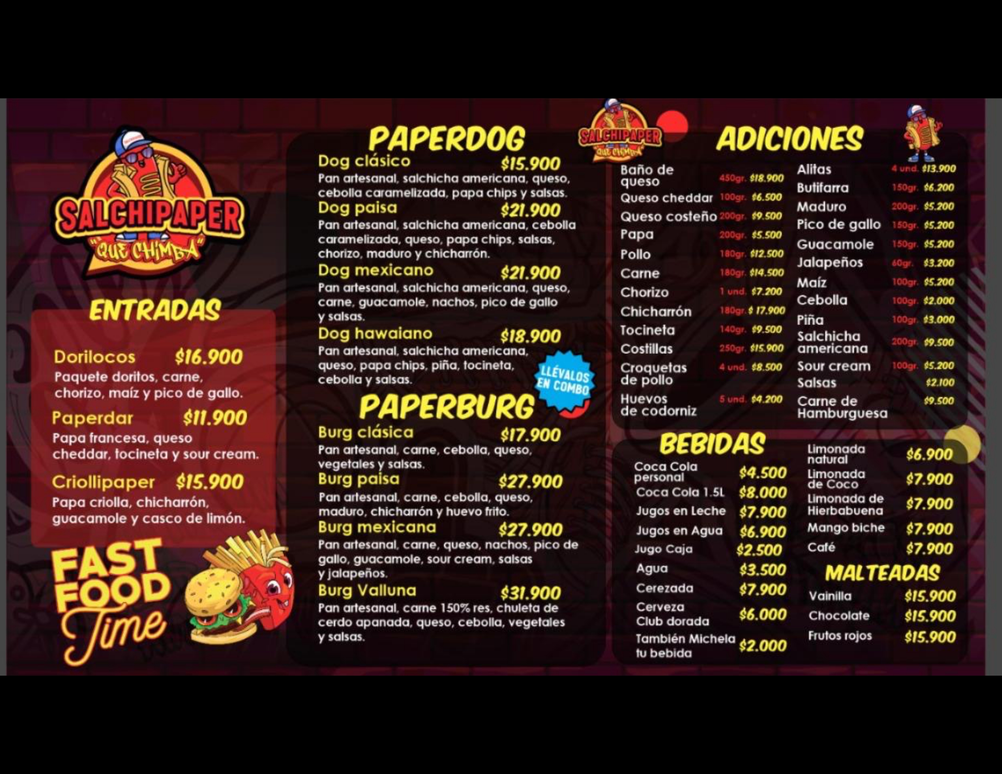 Menú Salchipaper Ciudad Montes — página 2: paperdog, paperburg, entradas, adiciones, bebidas y malteadas