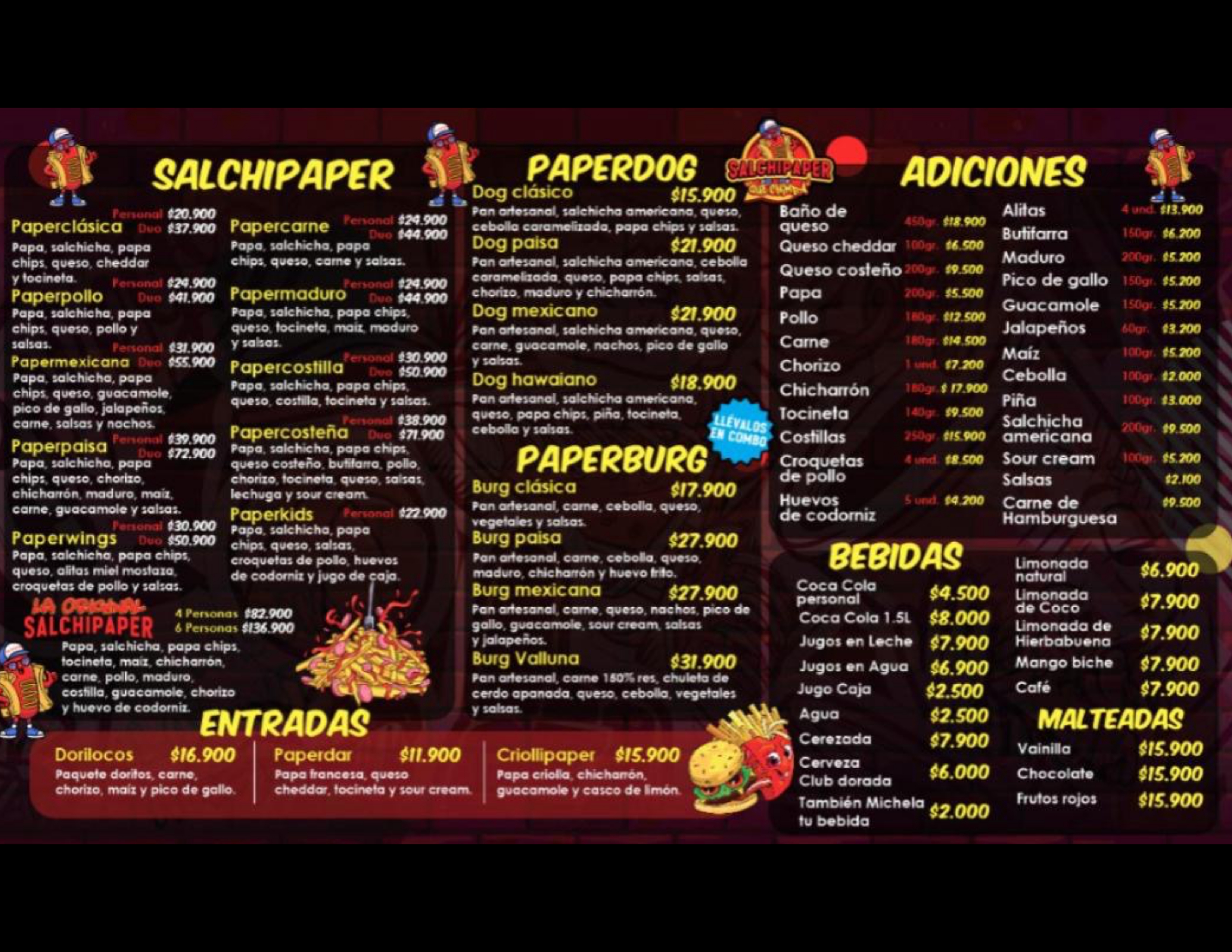 Menú Salchipaper Country Sur — salchipapas, perros, burgers, adiciones y bebidas